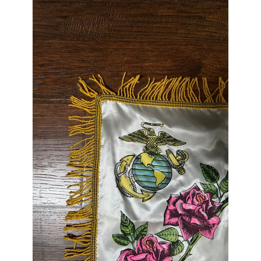 Vintage WWII Satin USMC Pillow Cover — Parris Island Mother Souvenir with Fringe